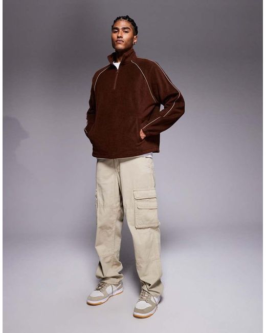 ASOS Brown Relaxed Funnel Neck Fleece Sweatshirt With Piping for men