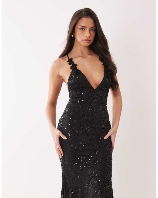 Oh Polly Black Premium Embellished Plunge Tie Back Floral Detail Maxi Dress