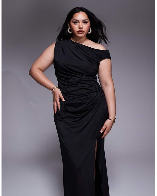 Tfnc Plus Black Asymetrical Midi Dress With Thigh Split