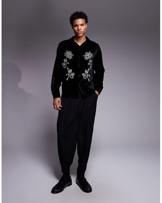ASOS Black Relaxed Velvet Shirt With Floral Embroidery for men