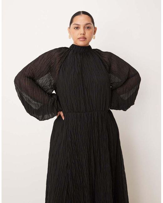 ASOS Black Asos Design Curve Crinkle Pleat Blouson Sleeve High Neck Maxi Dress