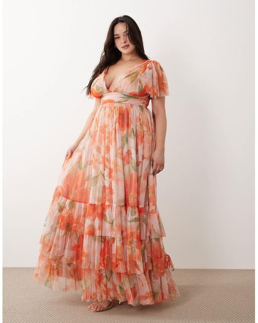 lace & beads maxi dress Lace & Beads Petite bandeau high-low tulle maxi dress in yellow floral