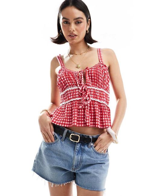 Top Milkmaid A Quadretti Con Finiture A Zig-Zag di ASOS in Red