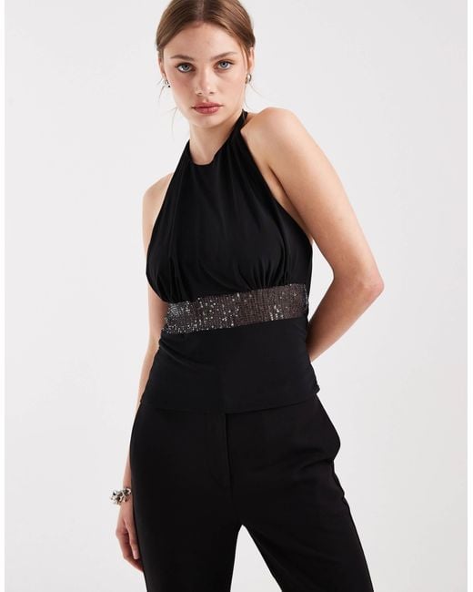 Collusion Black Cowl Halter Neck Top With Sequined Waist