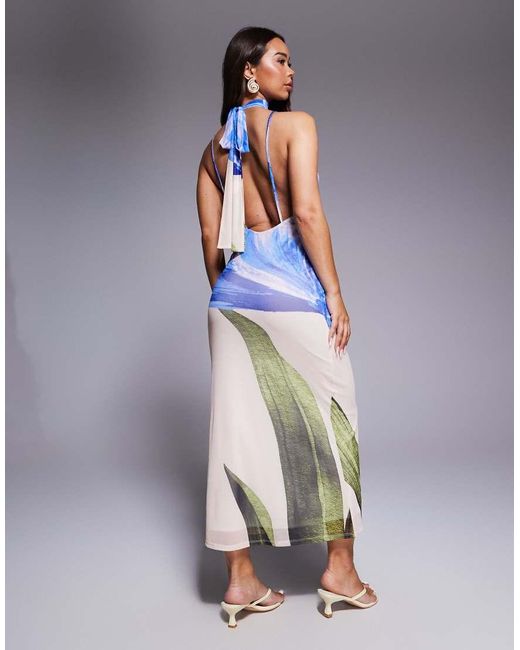 ASOS Blue Halter Neck With Open Back With Drape Detail Maxi Dress