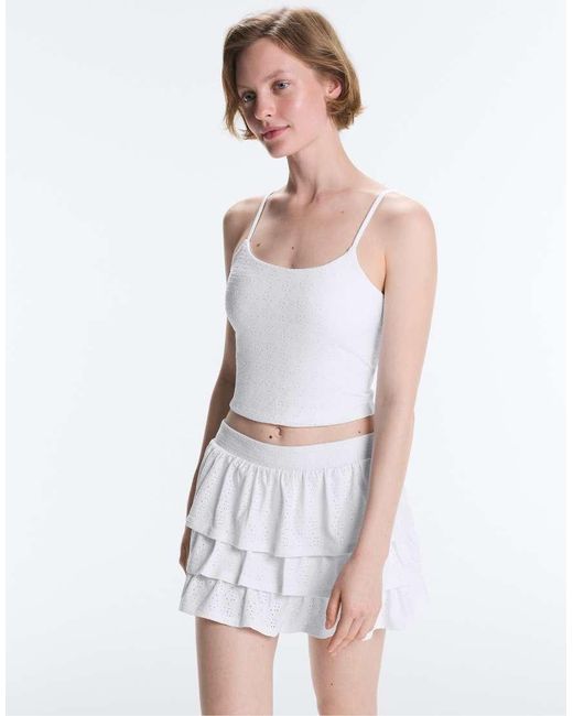 Oysho White Embroidered Comfortlux Tank Top