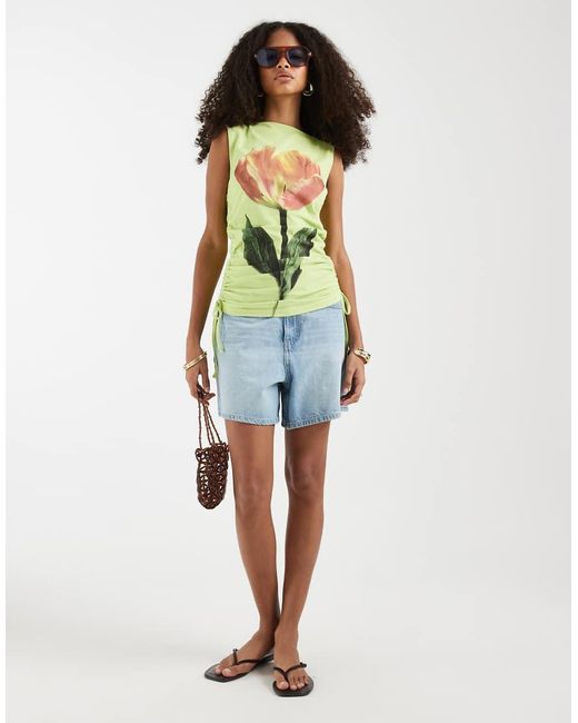ASOS Green Ruched Side Boat Neck Vest With Flower Graphic