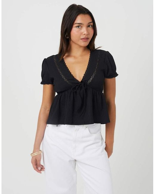 Brave Soul Black Bow Detail V-Neck Short Sleeve Top