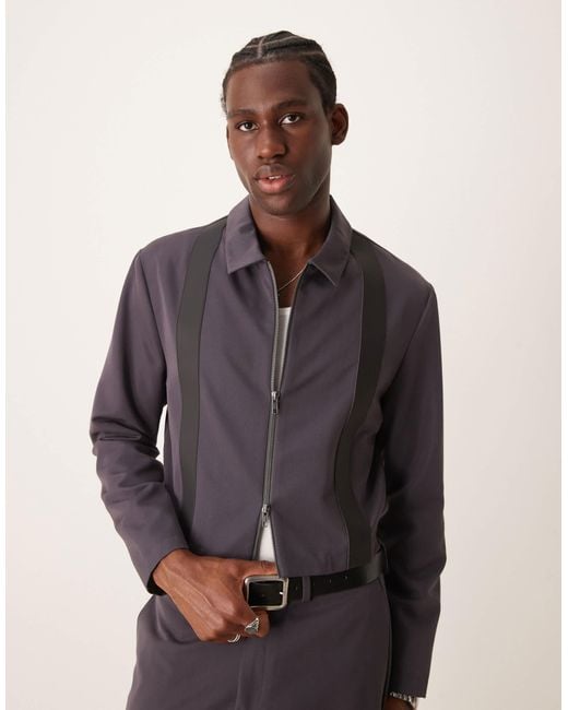 ASOS Gray Cropped Slim Smart Co-ord Harrington Jacket With Pu Trim for men