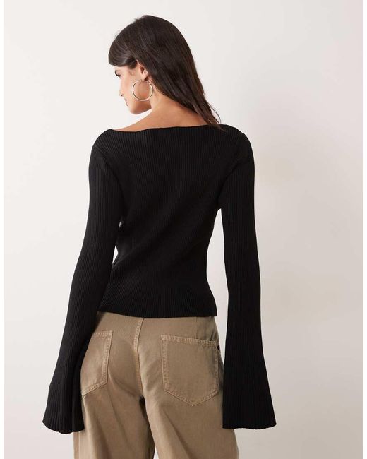 Miss Selfridge Black Rib Knit Slash Neck Flare Sleeve Top