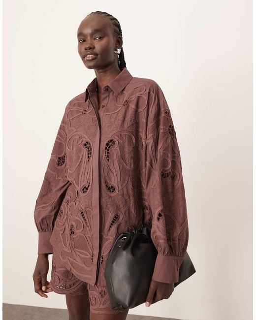 ARRANGE Brown Cotton Mirrored Floral Embroidered Cutwork Shirt Co-ord