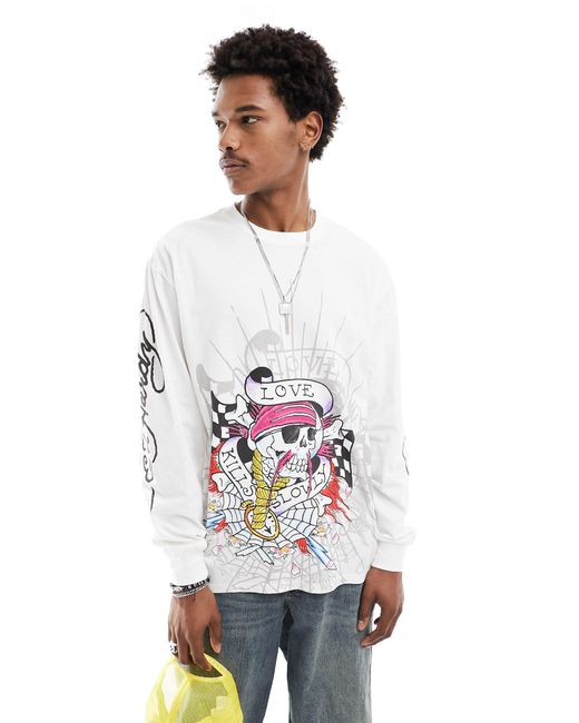 Ed Hardy White Long Sleeve Skater T-shirt With Mix Graphics for men