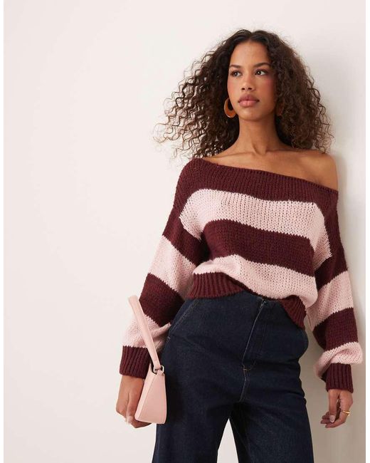 Miss Selfridge Red Knit And Burgundy Stripe Off The Shoulder Jumper