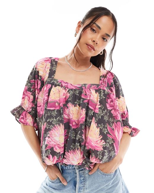 ASOS Pink – bluse mit eckigem ausschnitt, puffärmeln und blumenmuster