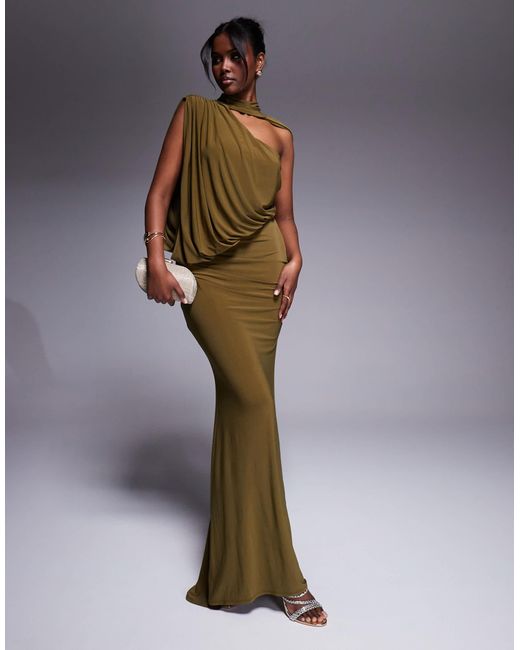 ASOS Green One Shoulder Drape Maxi Dress With Cape Detail