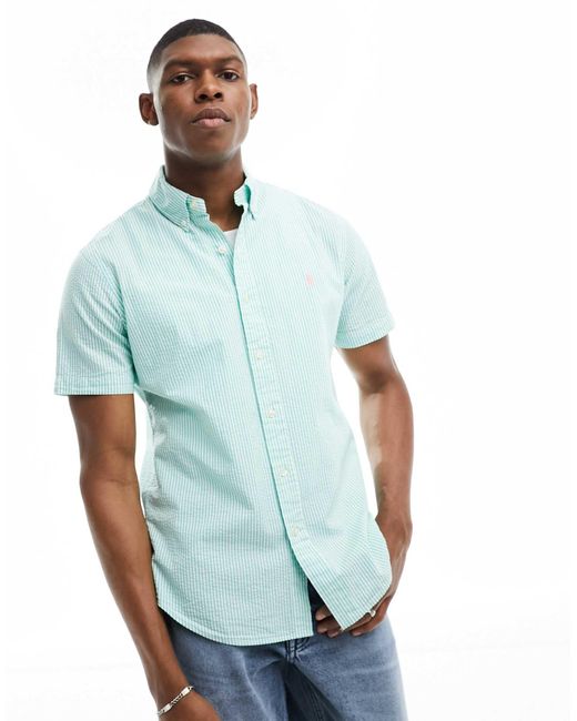 Chemise a manches courtes en crepon avec logo blanc Polo Ralph Lauren pour homme en coloris Bleu Lyst