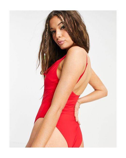 ASOS Synthetic Slinky Cowl Neck Swimsuit in Red - Lyst