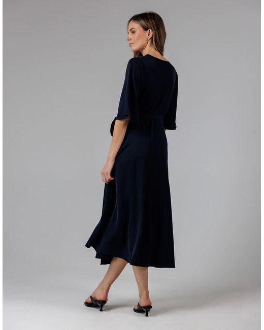 French Connection Black V- Neck Bell Sleeve Wrap Tie Crepe Midi Dress