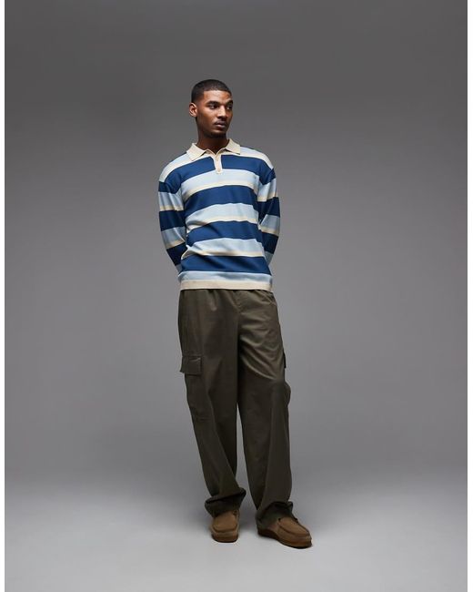 Parlez Blue Pipe Long Sleeve Striped Knit Polo Shirt for men