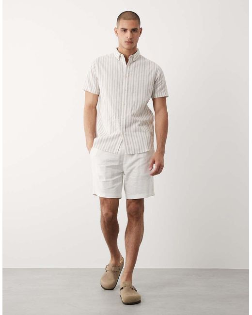 Threadbare White Linen Mix Short Sleeve Shirt for men