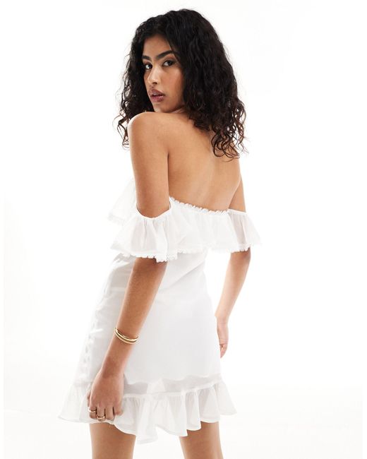 ASOS White Bardot Ruffle Mini Dress With Lace Insert