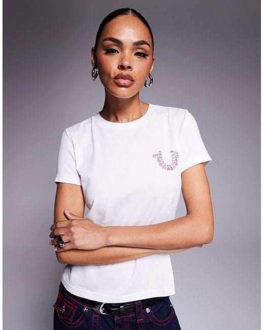 True Religion Blue Baby Tee With Diamante Logo Back Print