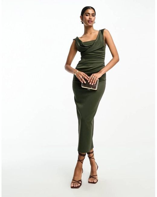 ASOS Gray Square Neck Pleated Bust Midi Pencil Dress