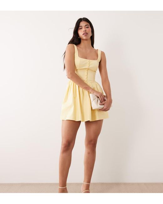 Kaiia Natural Exclusive Cotton Poplin Square Neck Button Through Lace Up Back Mini Dress
