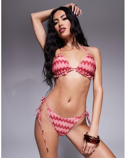 South Beach Red Chevron Glitter Tie Side Bikini Bottom