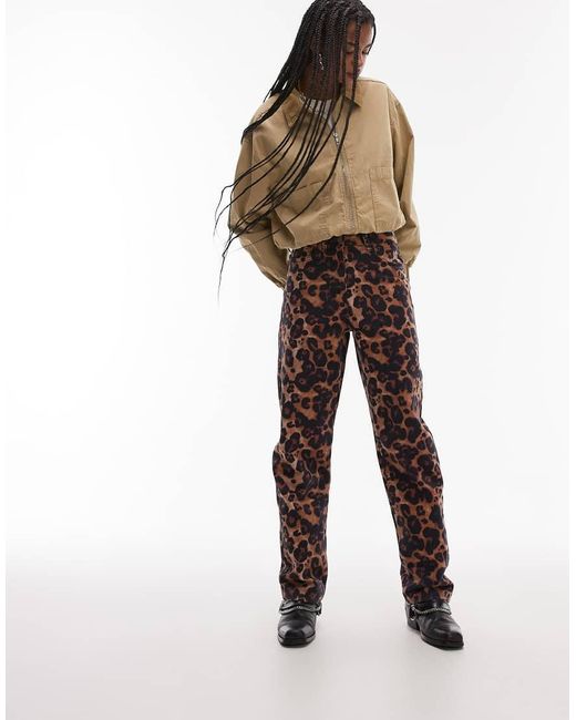 Pantalones Multicolores De Pernera Recta Y Talle Alto Con Estampado Animal De TOPSHOP de color Natural