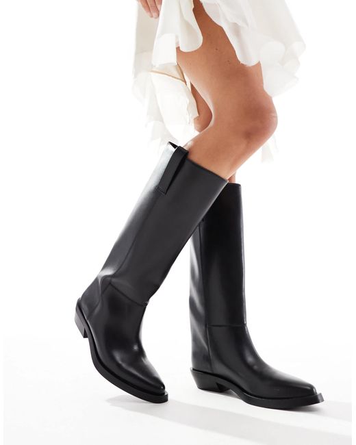 Pull&Bear White Faux Leather Western Knee High Boots