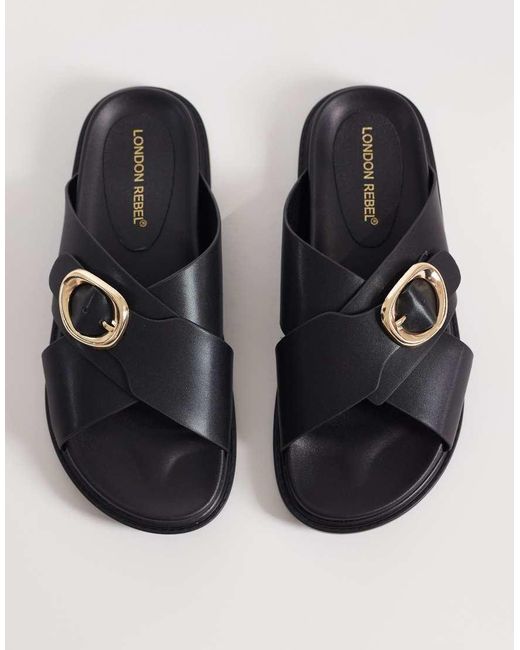 London Rebel Black Raya Flat Sandals With Buckle Detail