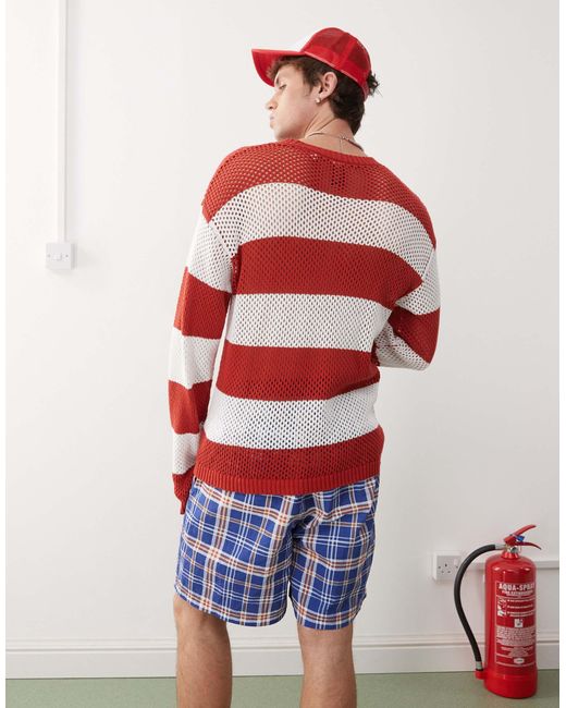 Collusion Red Knitted Crotchet Stripe Jumper for men