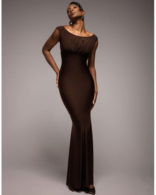 Goddiva Brown Open Back Cowl Neck Gathered Maxi Dress With Velvet Tie Back