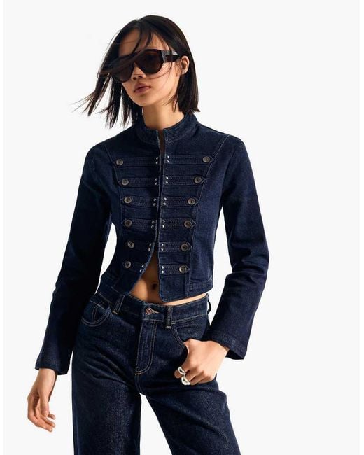 Bershka Blue Denim Jacket With Front Buttons