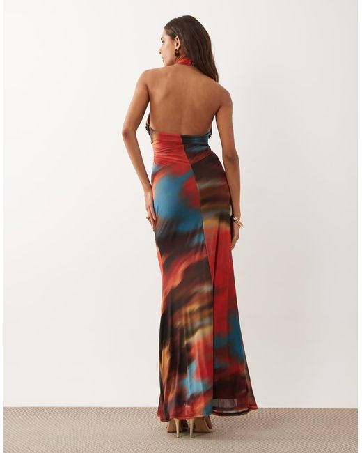 ASOS Red Mesh Halter Neck Maxi Dress With Ruched Skirt