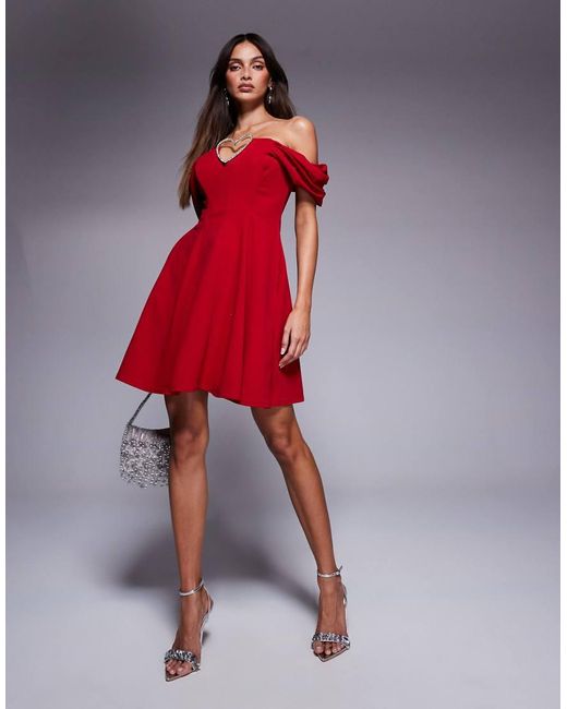 Goddiva Red Diamante Heart Trim A Line Mini Dress