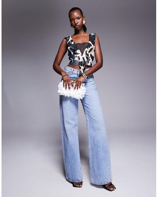 AFRM Blue Ruffle Drape Lace Trim Top