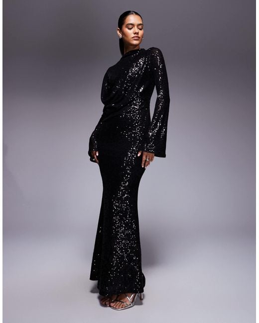 ASOS Blue All Over Sequin Long Sleeve Wrap Front Detail Maxi Dress