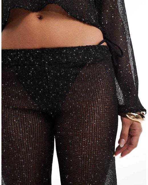 In The Style Black X Perrie Sian Sequin Crochet Wide Leg Beach Trousers Co-Ord