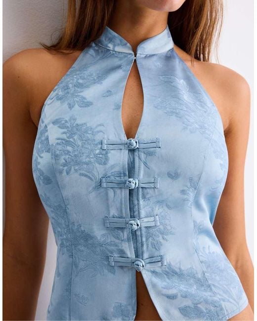 Stradivarius Blue Embroidered Sateen Qipao Top