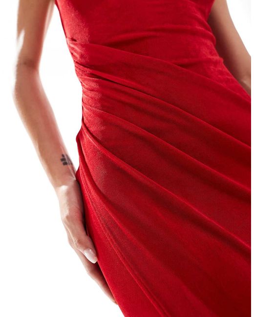 Aria Cove Red Exclusive Slinky One Shoulder Thigh Split Maxi Dress