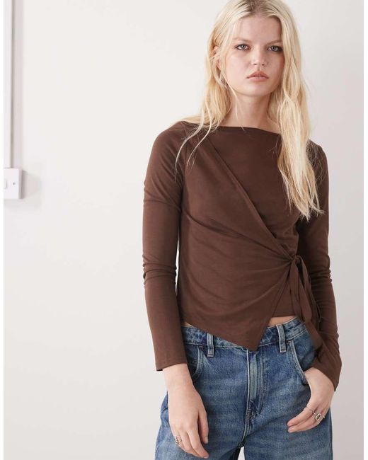 Reclaimed Vintage Brown Long Sleeve Tie Side Top