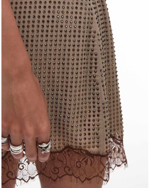 TOPSHOP Brown Hot Fix Embellished Mini Skirt With Lace Trim