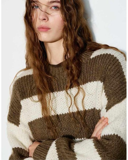 Pull&Bear Brown Chunky Striped Knit Sweater