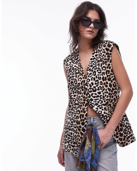TOPSHOP Black Leopard Print Linen Waistcoat