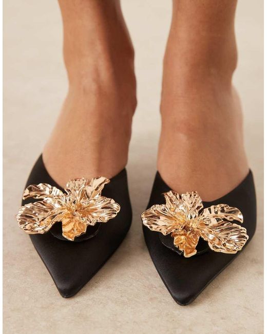 ASOS Gray Savvy Flower Trim Detail Mid Heel Mules