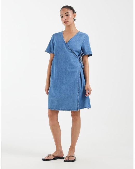 Vero Moda Blue Short Sleeve Wrap Front Denim Mini Dress