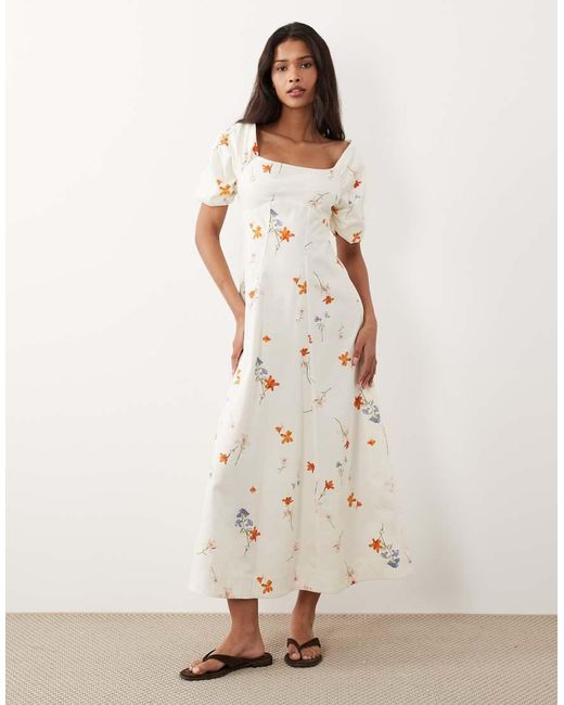 ASOS Natural Square Neck Cotton Sateen Midi Dress With Back Strap