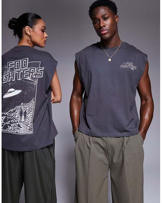 ASOS Gray Unisex Boxy Oversized License Vest With Foo Fighters Prints